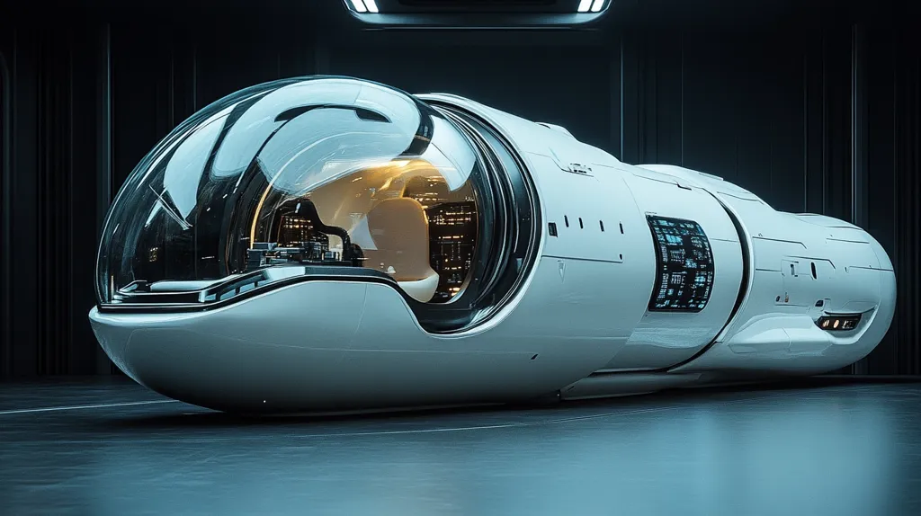 The image showcases a futuristic, sleek, white vehicle with a large, transparent dome-like cockpit. It appears to be a transportation pod, possibly designed for underwater or space travel. The vehicle has a minimalist design with a smooth, streamlined exterior and a dark, futuristic interior. The image suggests a high-tech and advanced mode of transportation for the future.