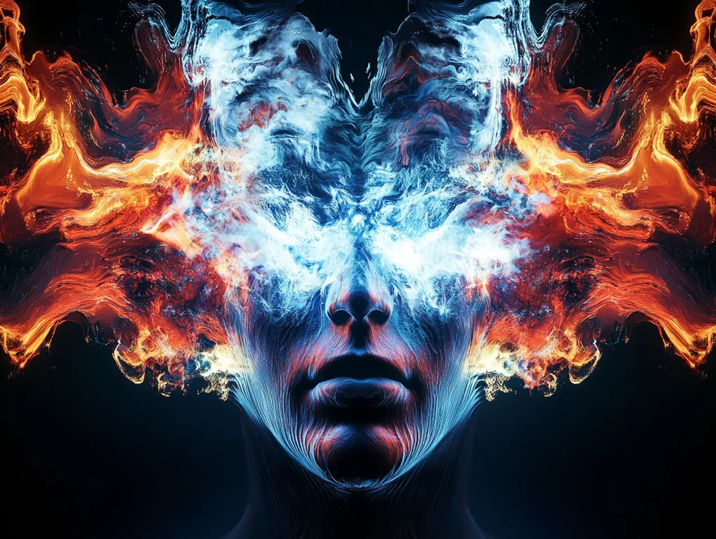 A stylized face is engulfed in swirling flames on one side and ice-like swirls on the other. The flames are bright orange and red, while the ice is a frosty blue and white. The face itself is almost obscured by the swirling smoke, creating a sense of mystery and intrigue. The composition of the image is dynamic and visually striking.