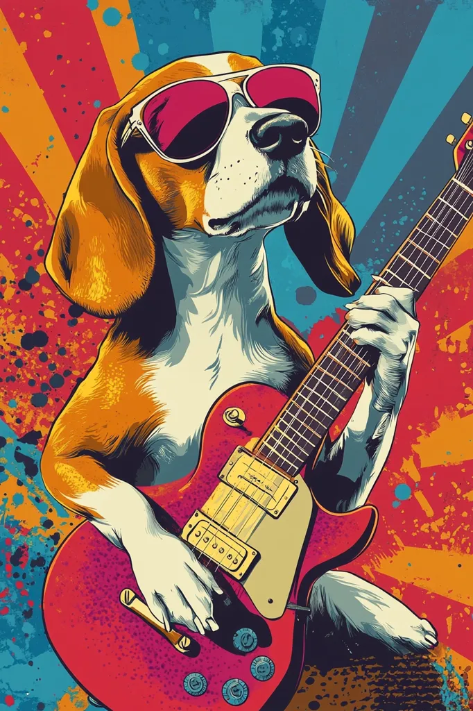 A beagle dog with pink sunglasses is playing a red electric guitar against a colorful, splatter paint background. The dog has a serious expression on its face, focusing on playing the guitar. The image has a cool and funky vibe, with a retro aesthetic.