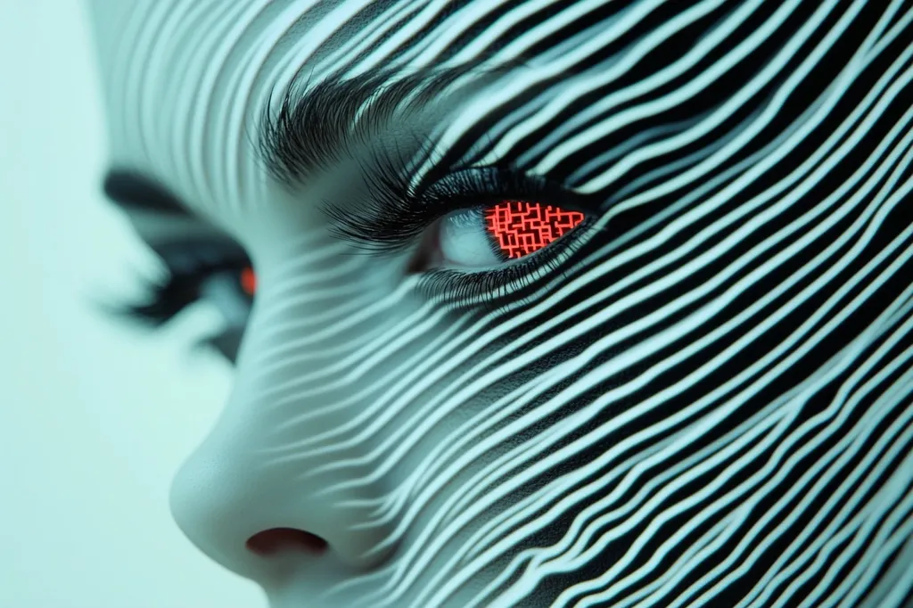 A close-up of a woman's face, half obscured by a pattern of black and white stripes. Her eye is visible, with a bright red, pixelated pattern covering the iris. The image is stylized and futuristic, suggesting a connection between technology and the human body. The focus on the eye creates a sense of intensity and mystery.