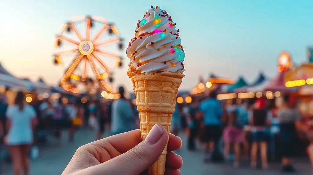 A hand holds a soft serve ice cream cone with colorful sprinkles,  in the foreground. The background is a blurry carnival scene with a Ferris wheel, lights, and people. The image evokes a sense of summertime fun and celebration.
