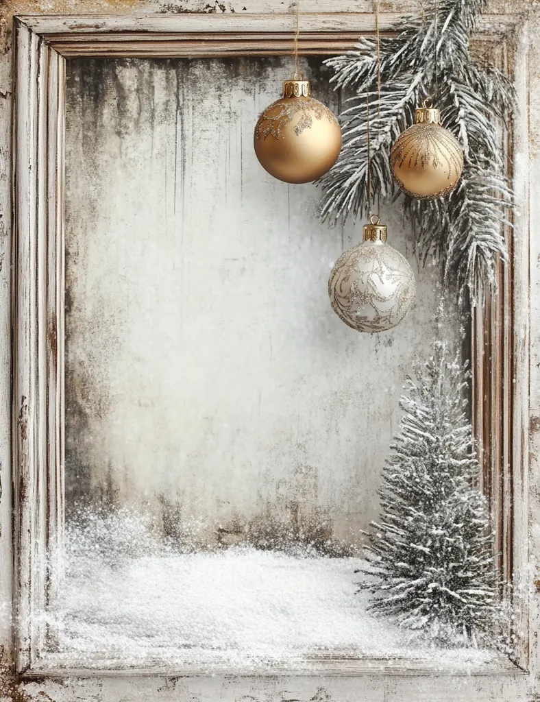 A rustic white wooden frame with a white background inside. There is a small snowy pine tree in the lower right corner of the frame.  Three gold and white Christmas ornaments are hanging from a pine bough in the top portion of the image.  There is light snow in the bottom of the frame.  The ornaments are all delicately decorated with glitter.