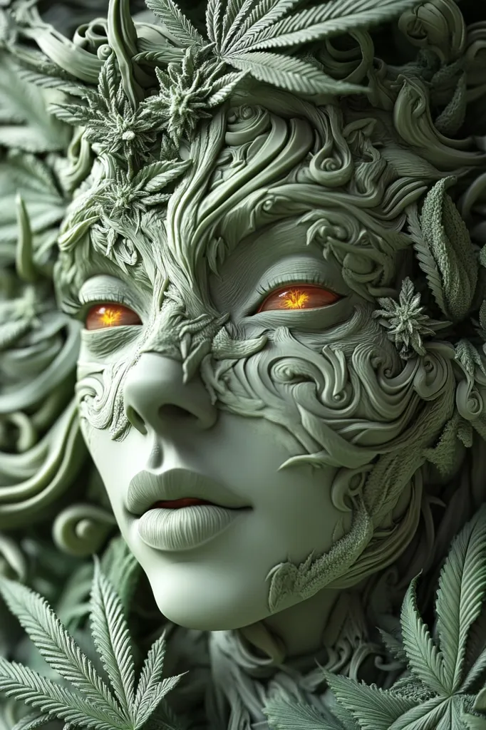 A close-up portrait of a woman's face, sculpted from a leafy, green material.  Her eyes are a bright orange, set against the swirling, organic textures of her face, and framed by intricate leafy patterns. The image is dominated by shades of green, with a subtle hint of red on her lips. The overall effect is otherworldly and ethereal.