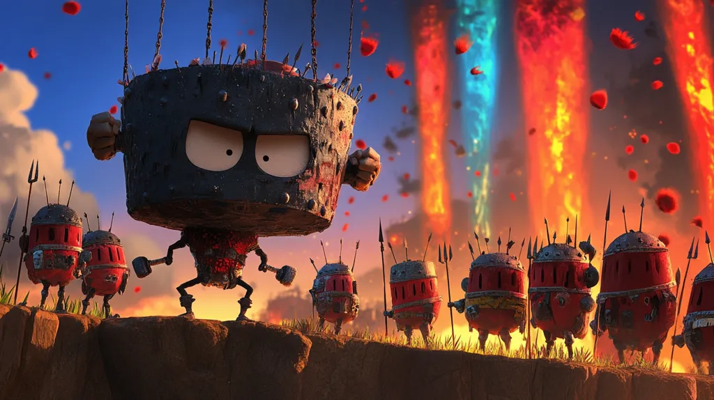 A large, black, armored character with a hammer stands on a cliff with an army of smaller, red armored characters behind him. They are facing a fiery, magical portal in the distance. The scene is a depiction of an epic battle with a dramatic, fiery sky and falling red petals.