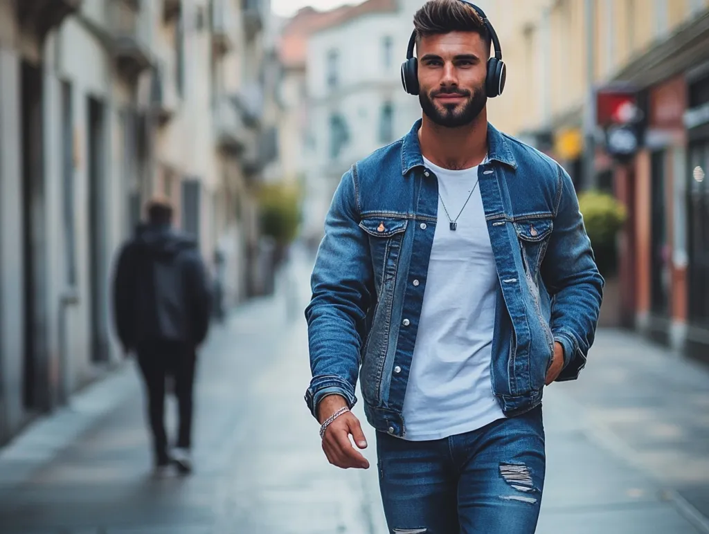 A young man with a beard walks down a city street, wearing a denim jacket, a white t-shirt, and ripped jeans. He has headphones around his neck and a silver chain around his neck. His gaze is focused straight ahead. The photo is taken from a low angle, and the background is blurred, making the man the main subject of the image.