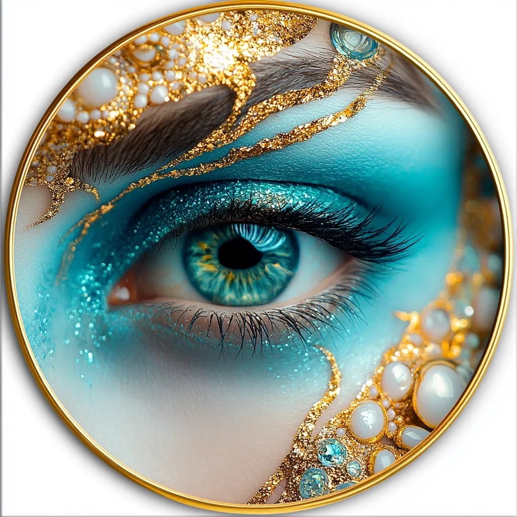 A close-up of a woman's eye, surrounded by shimmering blue and gold makeup. The eye is framed by thick lashes and the eye color is a vibrant blue with a hint of green. The image has a circular frame with a golden border. The overall effect is mesmerizing and elegant.