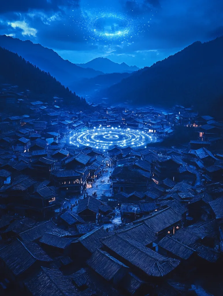 The image depicts a small village nestled in a valley, bathed in the ethereal glow of a night sky. A swirling, luminous circle hangs above the village, casting an otherworldly light. The houses, with their dark roofs, are clustered together, forming a dense and intricate network. The scene is serene, with a sense of mystery and tranquility. The blue hues of the sky, the village, and the luminous circle create a captivating and dreamlike atmosphere.