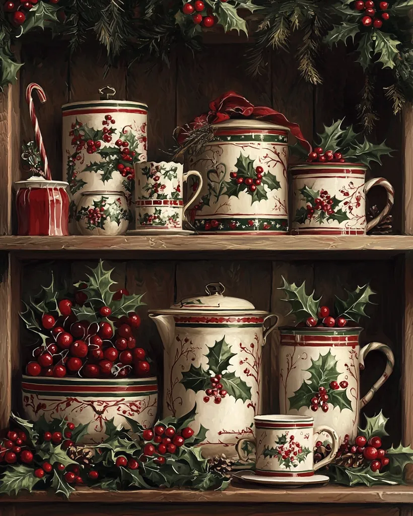 A wooden shelf decorated with holly and red berries is filled with white and red Christmas-themed kitchenware. The objects include a teapot, cups, mugs, bowls, a candy cane, and a jar. All of the pieces are adorned with festive holly and berry designs. The warm lighting and rich colors create a cozy and inviting atmosphere.