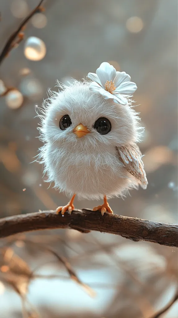 A small, fluffy white bird with large, dark eyes is perched on a branch. The bird has a delicate white flower on its head and appears to be looking at the camera.  The background is out of focus, creating a soft, dreamy atmosphere. The bird is adorable and appears to be innocent and playful.
