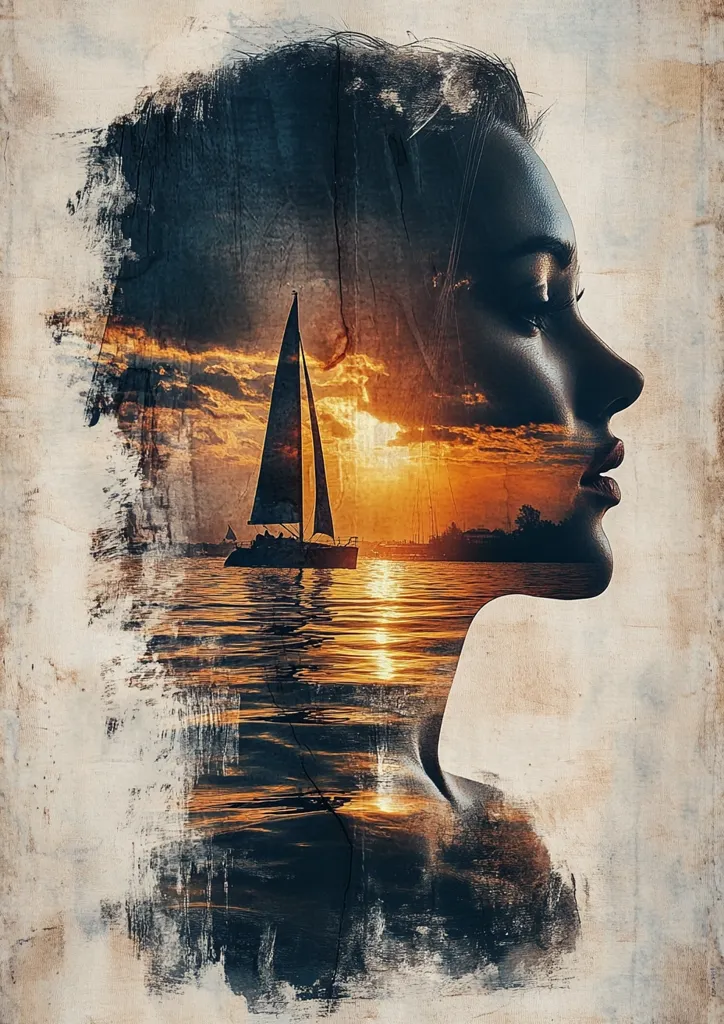 A silhouette of a woman's face is superimposed over an image of a sailboat at sunset. The sailboat sails on calm water with a golden sunset behind it. The woman's profile is softly blended with the scenery, creating an ethereal and dreamlike effect. The image has a faded, vintage aesthetic, adding to its melancholic mood.