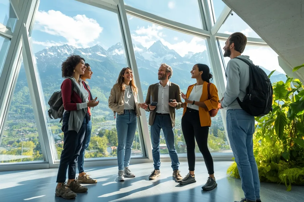 Five people stand in a modern building with large windows overlooking a mountain range. The people are casually dressed and appear to be engaged in conversation.  The man on the right has a backpack and is looking out the window. The other four people are facing each other, smiling and gesturing.  The scene is bright and airy, with a sense of relaxed camaraderie.