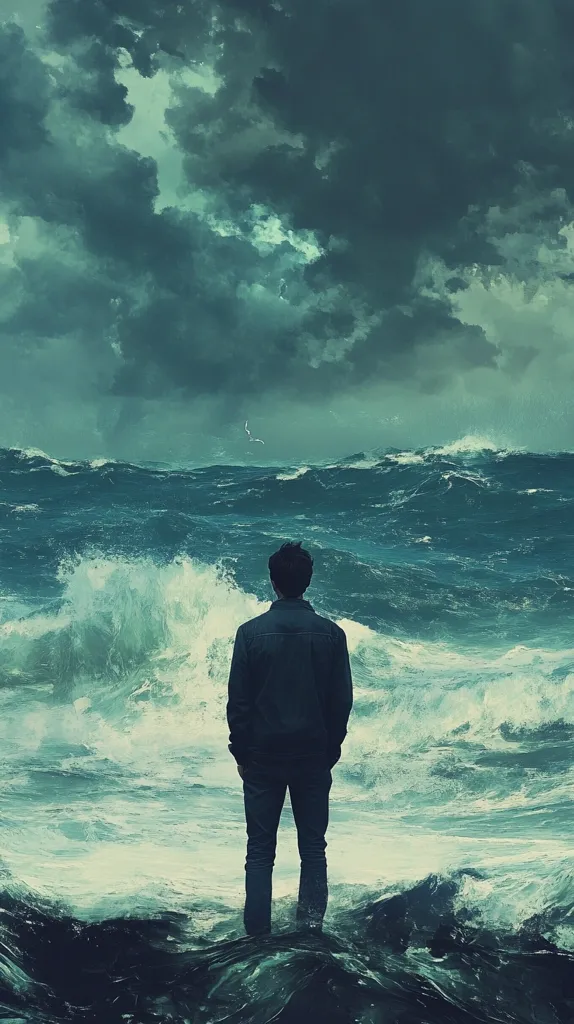 A solitary figure stands silhouetted against a stormy sea. Dark, ominous clouds fill the sky above, while the turbulent waves crash against the shore. The man, clad in a jacket, gazes out at the tempestuous ocean, his back to the viewer. The scene evokes a sense of loneliness and the vastness of nature's power.