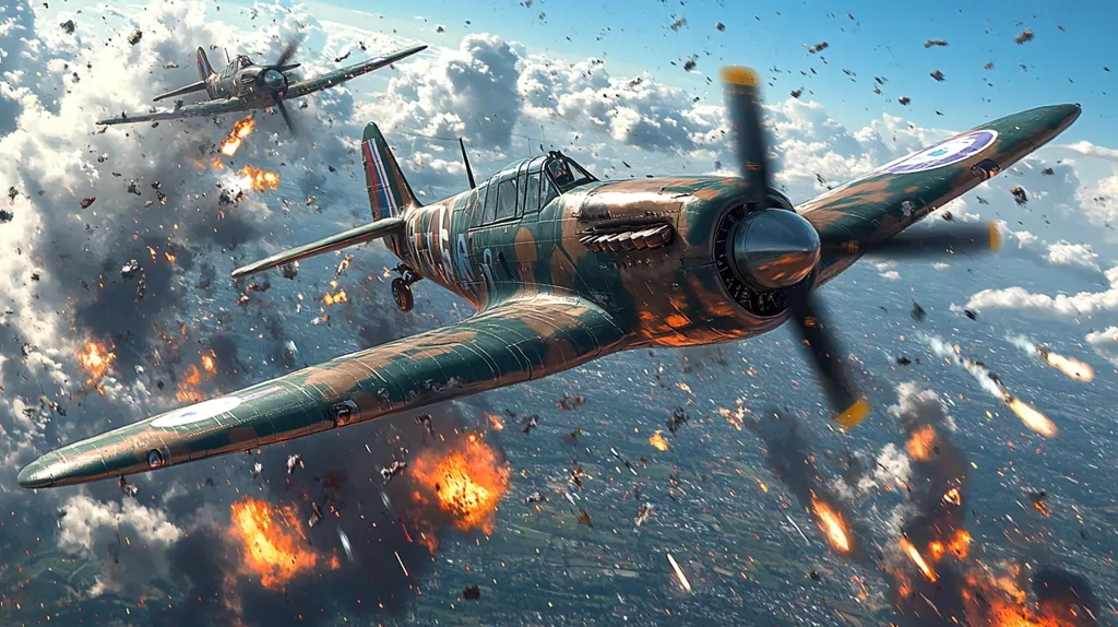 A green and brown fighter plane flies through a chaotic sky filled with explosions and debris. The plane is in the foreground, and a second plane can be seen in the distance. The sky is filled with smoke and fire, and the ground below is covered in a thick layer of clouds. The image depicts the intense and chaotic nature of aerial warfare.
