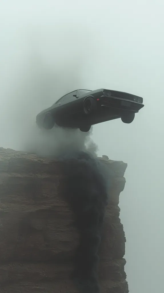 A black car appears to be floating in mid-air above a cliff, with a trail of smoke below it. The car is facing away from the viewer and is partially obscured by fog. The cliff is made of dark rock and is also obscured by fog. The overall effect is one of mystery and intrigue.