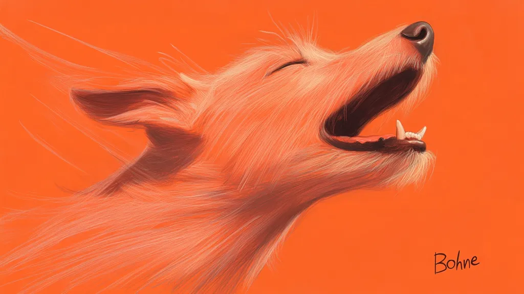 The image is a drawing of a dog with its mouth open, eyes closed and ears perked up. The dog's fur is a light orange, and the background is a darker orange. The dog's tongue is visible, and its teeth are slightly visible. The artist's signature is in the lower right corner. The dog appears to be happy and carefree.  The style of the drawing is realistic. The use of color and detail creates a sense of movement and energy.