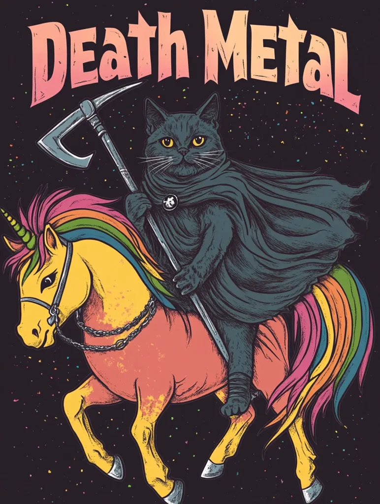 The image features a black cat dressed in a black cloak and holding a scythe. The cat is riding a rainbow-colored unicorn against a dark starry background. The words "Death Metal" are written in large, pink and orange letters at the top of the image. The overall image is a humorous and unexpected combination of dark and light elements.  The image has a cartoon-like style with bold lines and vibrant colors.