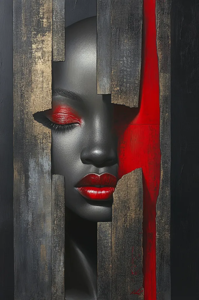 The image depicts a woman's face partially hidden behind a wooden wall with a red stripe. The woman's closed eye with red eyeshadow and full, red lips are visible. The dark wooden slats and red stripe create a striking contrast against the woman's dark skin. The image is a surreal and evocative portrait, possibly suggesting themes of secrecy, passion, and beauty.