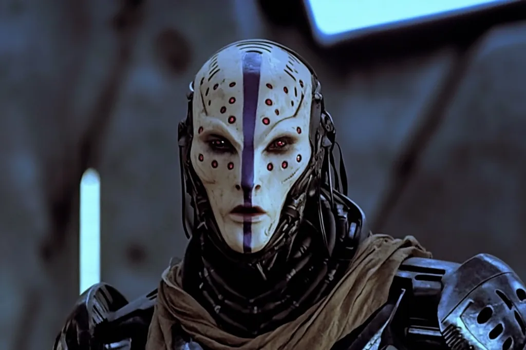 The image shows a close-up of a futuristic character with a white mask, black and purple stripes, and red dots around the eyes.  The character's face is expressionless and their eyes are focused on the viewer.  The background is blurry, and the character is wearing a dark, mechanical suit.  The overall tone of the image is mysterious and intriguing.