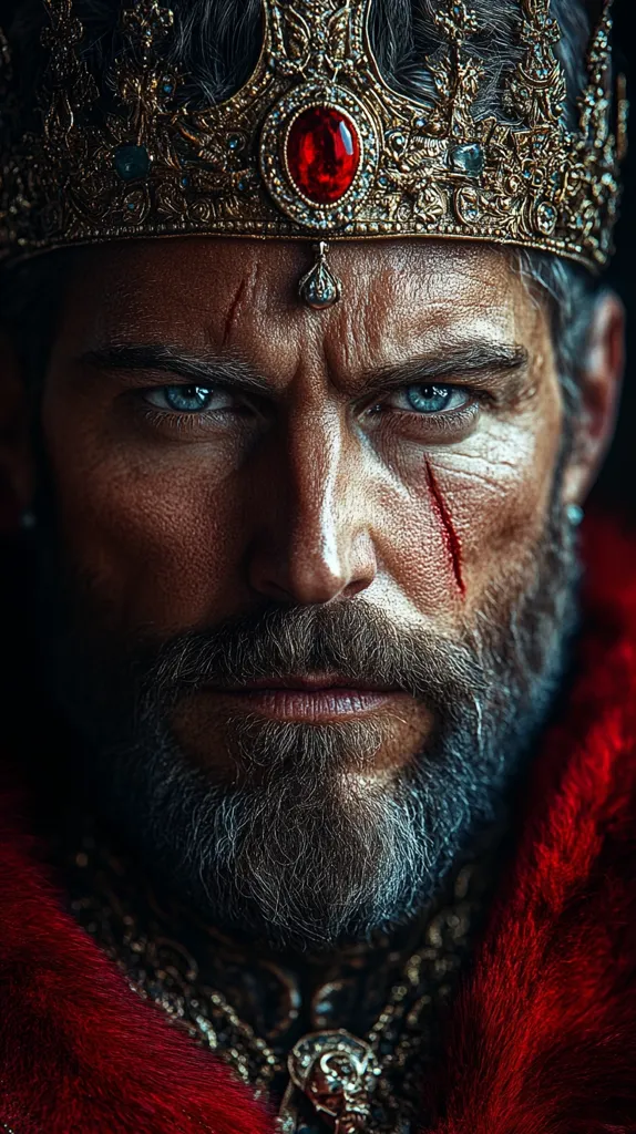A man with a thick, grey beard and piercing blue eyes stares intensely at the camera. He is adorned with a large, ornate gold crown studded with a large, red jewel. His face bears the marks of battle with a deep scar running down his cheek. He is dressed in a luxurious red fur-trimmed robe with ornate jewelry around his neck. His expression is stern and determined, suggesting he is a powerful and formidable leader.