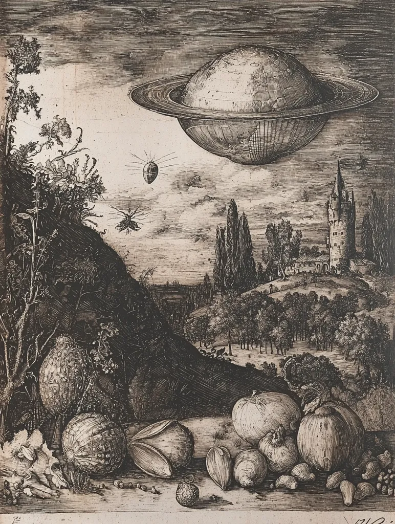 The image depicts a fantastical landscape with a large, ringed planet floating above a distant village. The planet is ornately detailed, with a smooth surface and a prominent ring. Below, a hill slopes down into the foreground, where various fruits and vegetables are arranged in a still life. Two small flying insects are also depicted, adding to the surreal atmosphere. The engraving is detailed and intricate, with a focus on texture and light.