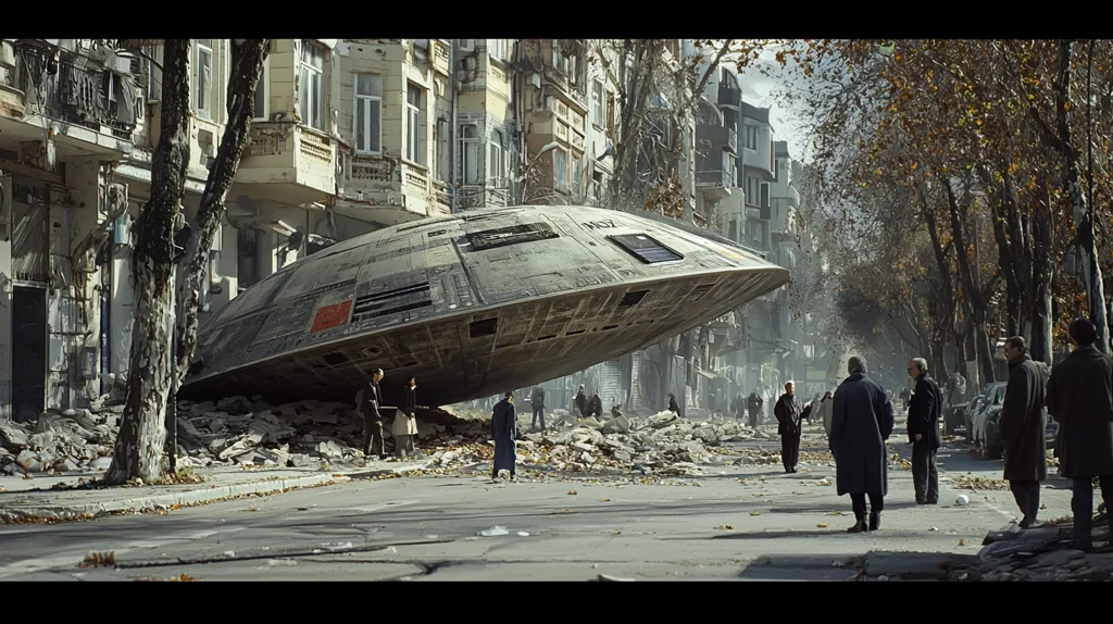 A large, gray flying saucer has crashed into a city street, leaving debris and destruction in its wake. Several people are standing in the street, looking up at the saucer, which is partially submerged in the rubble. The city buildings are damaged and the trees are bare, suggesting that the crash occurred recently.  The image has a post-apocalyptic feel, with a sense of awe and fear in the air.