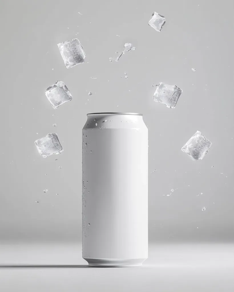 A white aluminum can stands on a white surface with ice cubes floating around it. The can is sleek and modern, and the ice cubes give the image a refreshing and cool feel. The image is a clean and minimalist design, with a simple background and a focus on the product.