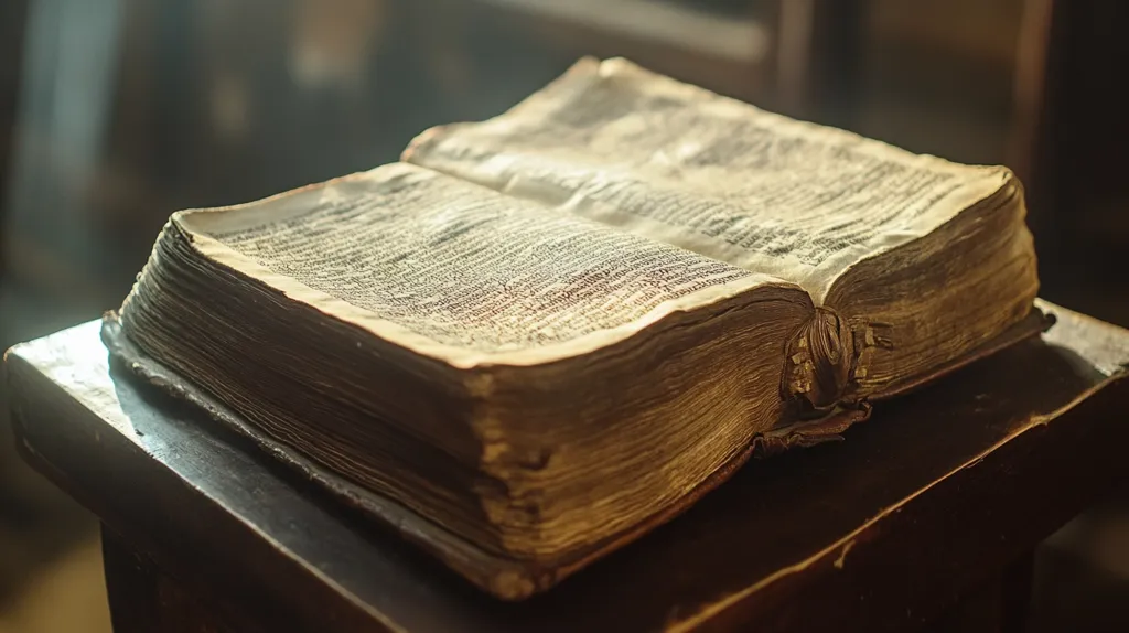 An old, leather-bound book lays open on a dark wooden table. The pages are yellowed and worn, suggesting a long history of use. The pages are filled with fine print, indicating a text of importance. The book's worn state adds to its mystique, hinting at the stories and wisdom it holds. Light from a window bathes the book in a warm glow, highlighting its age and significance.