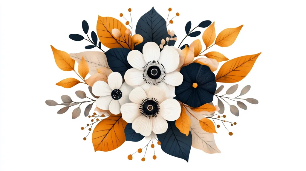 The image depicts a stylized floral arrangement with white and cream flowers, accented by dark blue and orange leaves. The flowers have large, prominent centers, adding a touch of boldness to the overall design. The vibrant colors and delicate details create a sense of beauty and elegance. The arrangement is likely meant to represent the changing seasons, with the warm colors of autumn merging with the cool tones of winter. The flowers and leaves are painted in a watercolor style, giving the image a soft, dreamy feel.