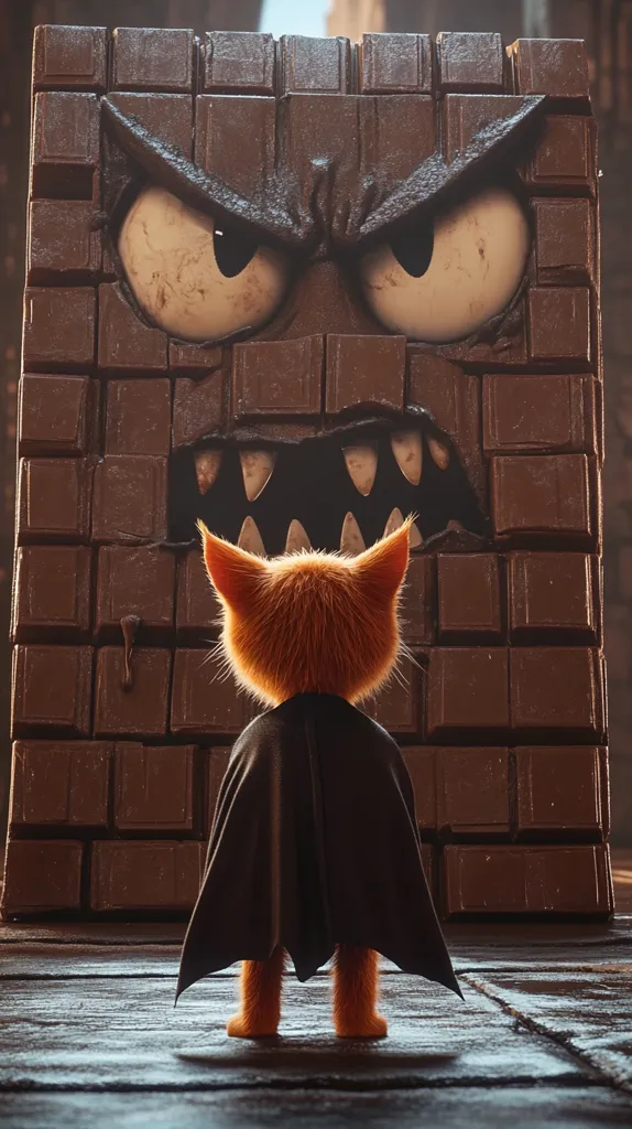 A small orange cat wearing a black cape stands in front of a large chocolate bar monster. The monster has a menacing expression, with a wide, open mouth full of teeth and a pair of large, menacing eyes. The cat appears to be facing the monster, but it's hard to tell what expression the cat has.  The scene appears to be set in a dark and shadowy environment, creating a sense of tension and unease.