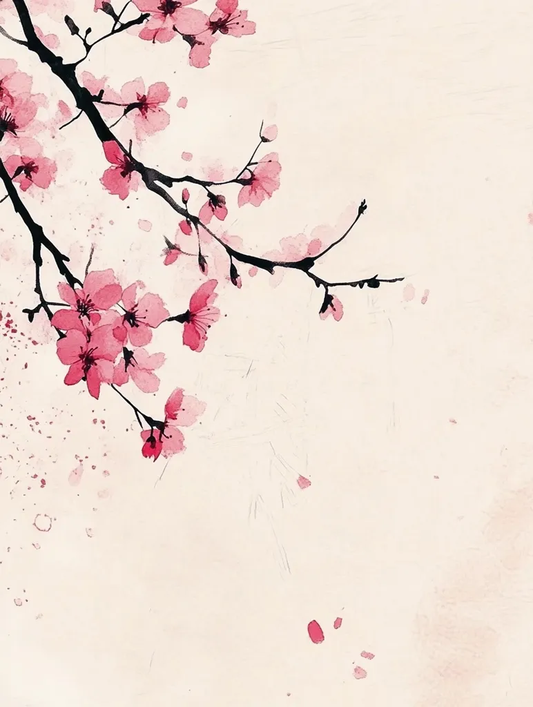 The image is a watercolor painting of a delicate cherry blossom branch with pink flowers and a light beige background. The painting uses a light and airy style, with the flowers gracefully spread out along the branch. The background is textured, giving a subtle depth to the image.  There are faint pink petals scattered around the branch, evoking a sense of gentle spring breeze.