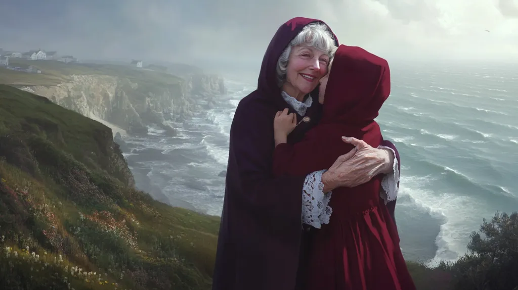 An elderly woman in a purple hooded cloak embraces a younger woman in a red hooded cloak, standing on a cliff overlooking a choppy ocean. The image has a misty, ethereal quality, emphasizing the bond between the women. The scene is both intimate and dramatic, suggesting a story of love, loss, or perhaps even magic.