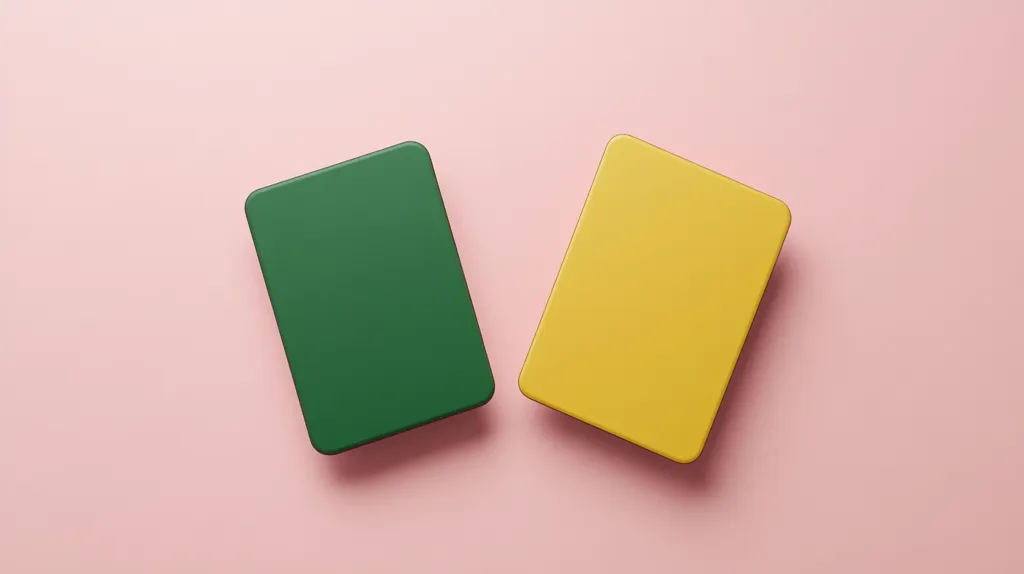 Two rectangular objects, one green and one yellow, are lying flat on a pink surface. The objects are positioned diagonally, with the green object on the left and the yellow object on the right. The objects are slightly overlapping each other. The background is a solid pink color.