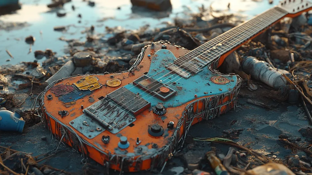 An electric guitar lies discarded on a muddy shore, its body covered in rust and debris. The guitar is partially submerged in the water, with various pieces of garbage scattered around it. The image captures a sense of decay and neglect, highlighting the destructive impact of pollution on the environment.