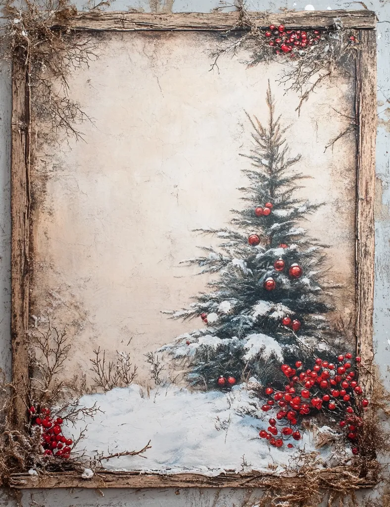 A rustic, framed painting depicts a snowy winter scene. A small evergreen tree, adorned with red ornaments, stands in the center, surrounded by snowdrifts and bare branches. The background features a soft, vintage-inspired texture, adding a touch of nostalgia to the image. Red berries adorn the branches and frame, creating a festive and heartwarming atmosphere.  The painting evokes a sense of peace and tranquility, reminiscent of a quiet winter day.