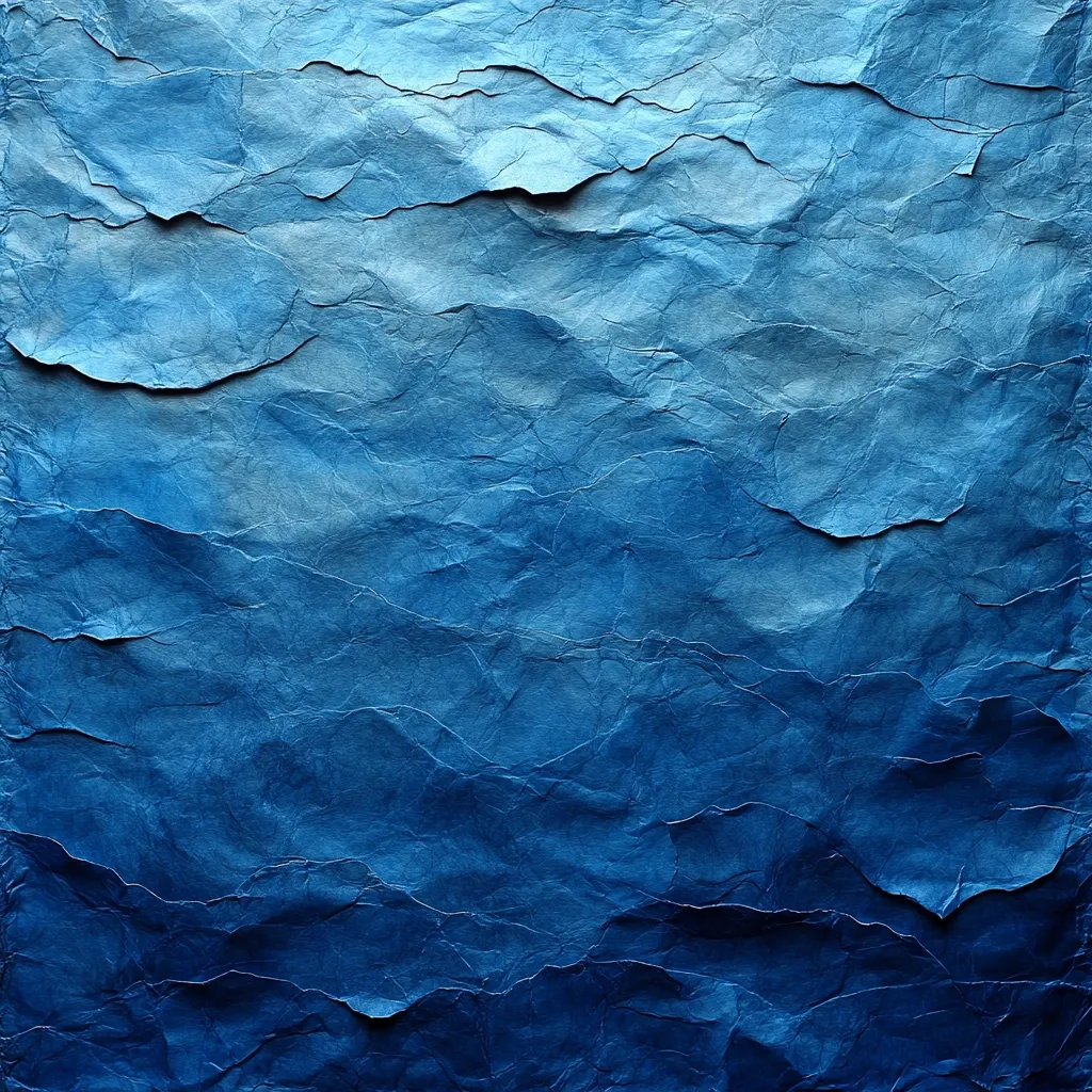 The image depicts a close-up of crumpled blue paper. The paper is heavily creased and folded, creating a textured and abstract surface. The deep blue hue evokes a sense of depth and mystery. The light catches the folds, creating subtle highlights and shadows that enhance the three-dimensional quality of the paper. The image has a minimalist aesthetic, focusing on the beauty of the paper's texture and color.