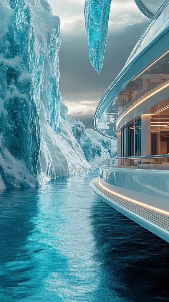 A modern, sleek yacht is docked in a frozen landscape. The vessel's white hull and glass windows contrast with the surrounding icy cliffs and turquoise water. The scene evokes a sense of adventure and the juxtaposition of nature and technology.
