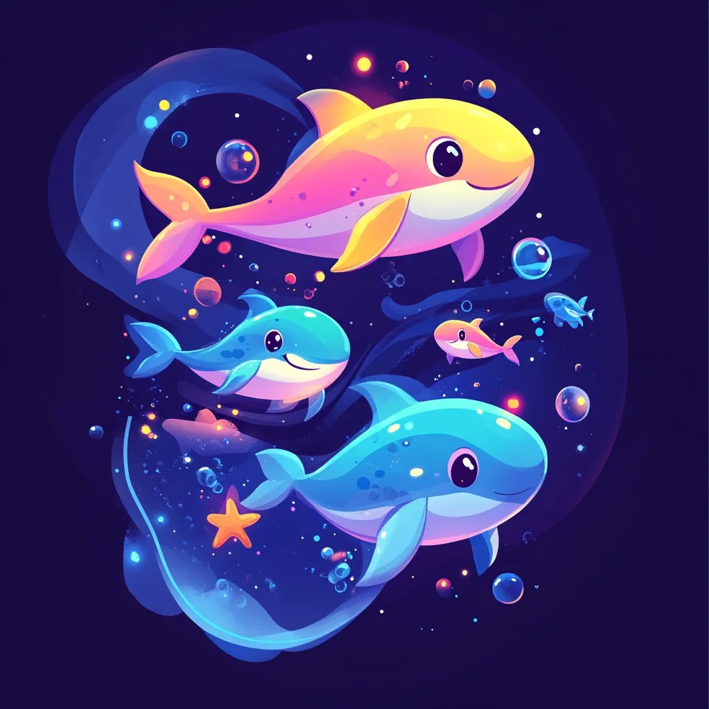A vibrant underwater scene with four cartoon dolphins swimming amongst glowing bubbles and a single golden starfish. The dolphins have large eyes and cheerful expressions, creating a playful and whimsical feel.  The colors are bold and bright, with shades of blue, pink, yellow, and orange, contributing to the lively atmosphere of the image.  The background is a dark blue, creating a contrast with the brightly colored dolphins.  The overall image is a delightful depiction of the underwater world.