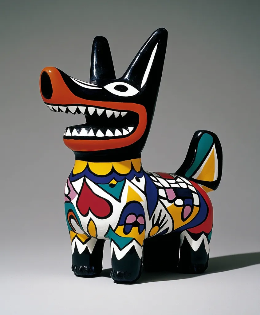 The image shows a ceramic dog sculpture with a bold, colorful design. Its body is decorated with a mix of geometric shapes and patterns, including hearts, triangles, and zigzags. The dog's face is painted black with a white eye and a wide, open mouth revealing rows of white teeth. The sculpture is a vibrant and playful representation of a dog, with a unique and expressive style.