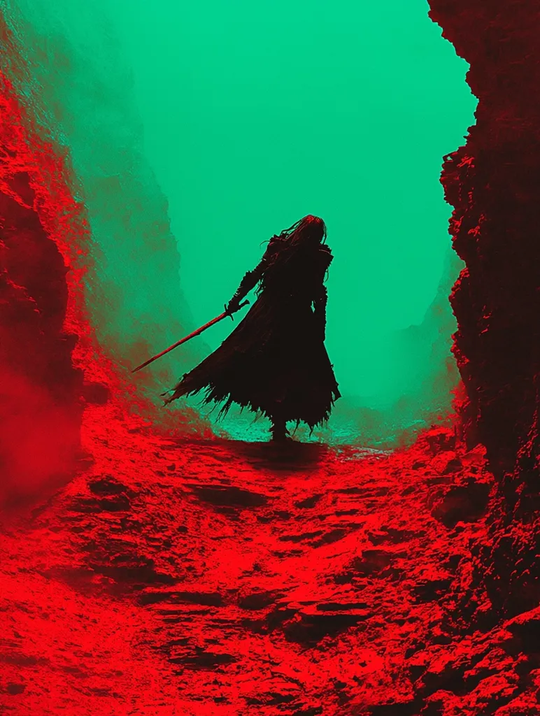 The image depicts a silhouette of a figure in a long cloak and holding a sword, walking away from the viewer in a red and green landscape. The figure is walking through a narrow passageway formed by two towering cliffs. The cliffs are lit by a bright red glow, casting long shadows across the ground. The background is a vibrant green, creating a strong contrast with the red foreground. The image has a mystical and atmospheric quality, suggesting a sense of mystery and adventure.