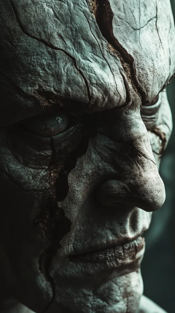 The image is a close-up of a man's face, his skin is cracked and weathered, suggesting age and decay. His eye is dark and piercing, his nose large and prominent, and his mouth is slightly open, revealing a grim expression. The overall tone of the image is one of darkness and foreboding.