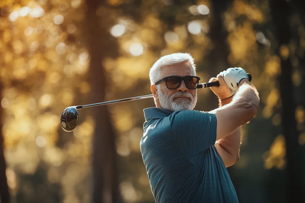 An older man with a white beard, wearing sunglasses and a blue shirt, swings a golf club with a serious expression on his face. He is in the middle of his swing, and the club is in the air. The background is a blurred image of trees and foliage. The image evokes a sense of calm focus and determination.