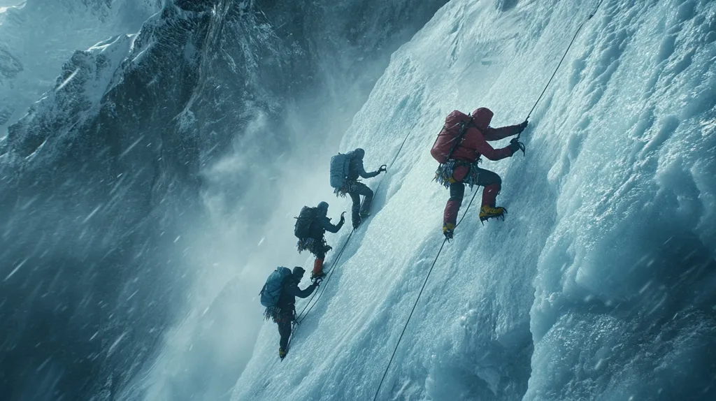 Four climbers ascend a snow-covered mountain face. They are roped together, navigating the steep, icy terrain. The climber in the lead wears a red jacket and is using an ice axe to secure their footing. The wind howls and the snow falls, creating a challenging environment for the climbers.