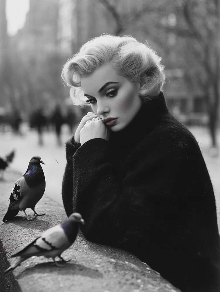 A woman with blonde hair styled in a retro fashion sits in a city setting, her face contemplative. She is dressed in a dark coat, her hands clasped in front of her. Two pigeons stand nearby, one facing the camera and the other looking towards the woman. The image is in black and white, creating a timeless and slightly melancholic atmosphere.