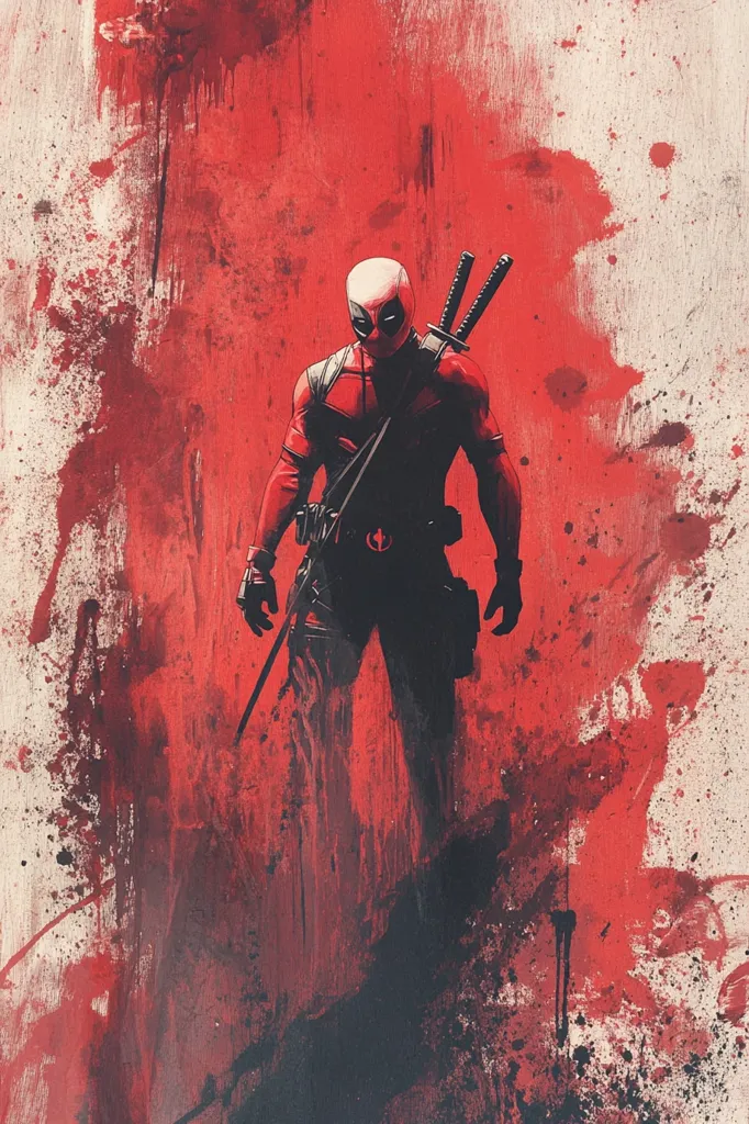 The image features a digital illustration of Deadpool, a fictional superhero known for his red and black suit, wielding a pair of katanas. The background is a striking red and white splattered paint effect, creating a dynamic and chaotic atmosphere. Deadpool's expression is intense and focused, suggesting a fierce and formidable presence. The overall style of the artwork is bold and edgy, capturing the character's irreverent and violent nature.