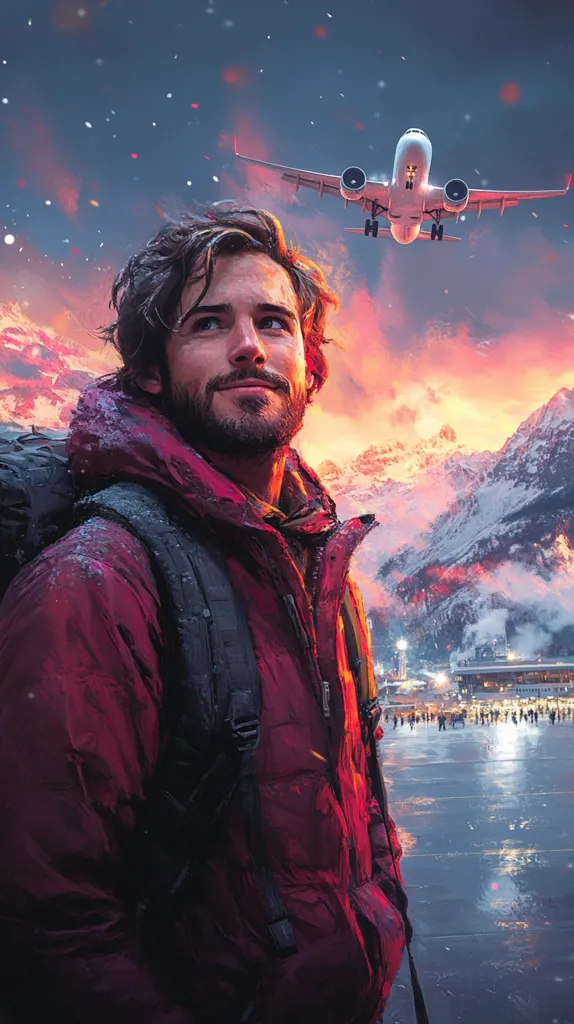 A man in a red jacket and backpack stands against a backdrop of a snowy mountain range, gazing up at a white airplane flying overhead. The sky is a vibrant mix of orange, pink, and purple, with small white dots of snow falling. The man's expression is one of quiet contemplation, perhaps reflecting on the journey ahead.  A distant city with twinkling lights suggests a bustling civilization, while the snowy mountains and airplane evoke a sense of vastness and possibility.  The scene is full of color and contrast, inviting the viewer to ponder the man's thoughts and his destination.