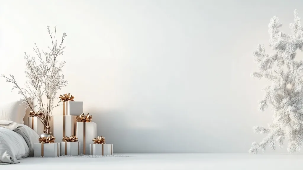 The image shows a minimalist white room with a stack of gift boxes wrapped in white paper with gold bows.  A single white branch with delicate, feathery leaves sits in front of the gifts, and a white frosted pine branch fills the right side of the frame. The scene is simple and elegant, with a blank white wall serving as a backdrop for the festive decor.