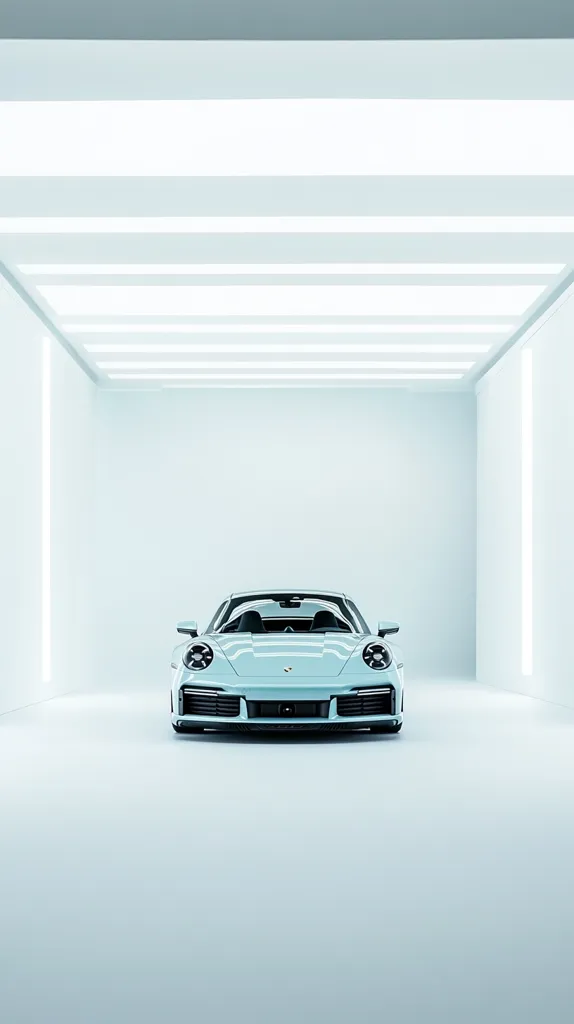 A light blue Porsche 911 is parked in a minimalist white garage with a grid of bright lights on the ceiling. The car faces the camera, with its headlights and grille visible. The background is simple and clean, highlighting the sleek lines of the sports car.