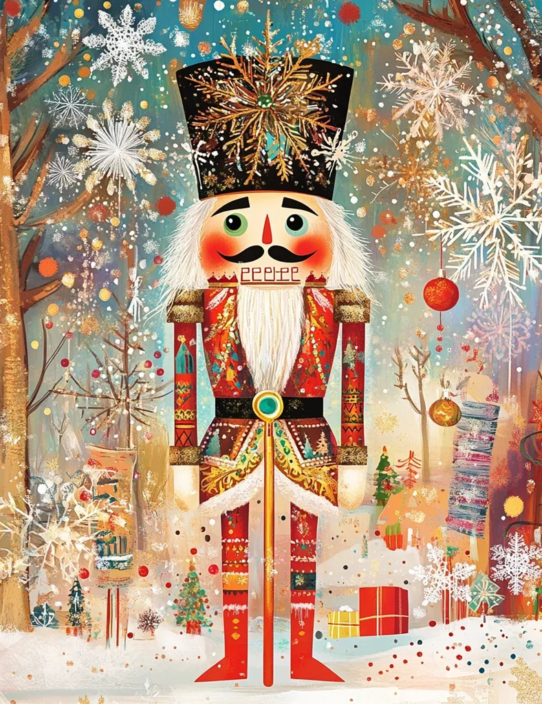 A brightly colored Nutcracker stands tall in a snowy forest scene. He is wearing a red and gold patterned uniform, a black hat adorned with a golden snowflake, and holds a golden staff.  Snowflakes fall around him, and the forest is decorated with Christmas ornaments and presents. The festive scene evokes a sense of warmth and holiday cheer.