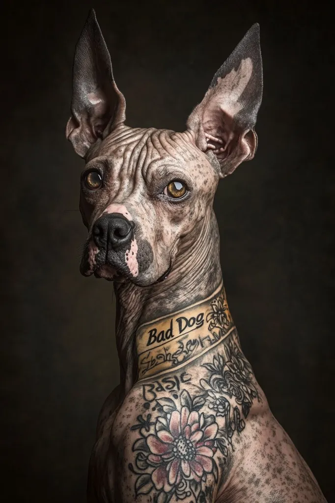 A hairless dog with large, pointed ears looks directly at the camera. Its skin is wrinkled and spotted. It has several tattoos, including a banner around its neck that reads "Bad Dog" and a large flower on its shoulder. The background is a dark, blurred brown. The dog's eyes are sharp and intelligent, suggesting a playful and mischievous personality.
