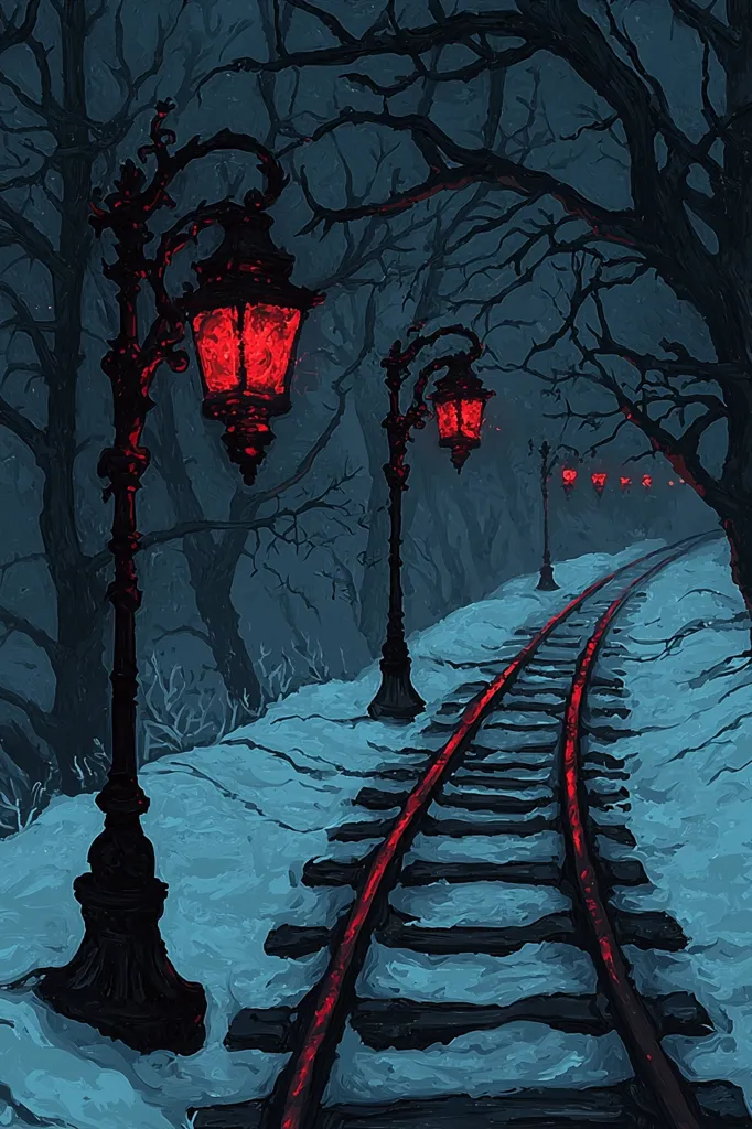A snow-covered railroad track winds through a dark, snow-covered forest. The track is illuminated by a string of red-glowing street lamps lining the path. Bare branches reach out from either side of the tracks, creating a sense of isolation and solitude. The scene is painted with a dark palette, accented by the red glow of the lamps, adding a mysterious and haunting ambiance.